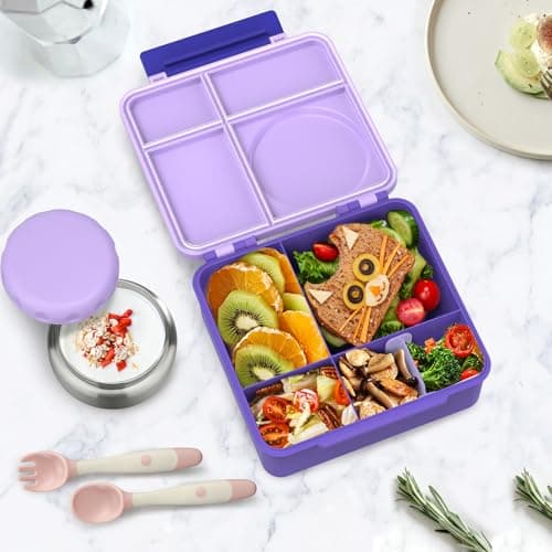 Bento Lunch Box Set for Kids with 8oz Soup Thermo, Leak-Proof Lunch Containers with 4 Compartment, Thermo Hot Insulated Food Jar and Foldable Fork Spoon for Kids to School (Pale Purple) - Thumbnail 6
