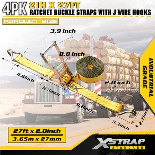 XSTRAP STANDARD 4 Pack 2" x 27' Industrial Tie Down Straps, Heavy Duty Ratchet Straps with Double J Hooks, 3333 LBS Working Load, 10000 LBS Break Strength, Long Handle Cargo Straps for Truck, Trailer - Thumbnail 4