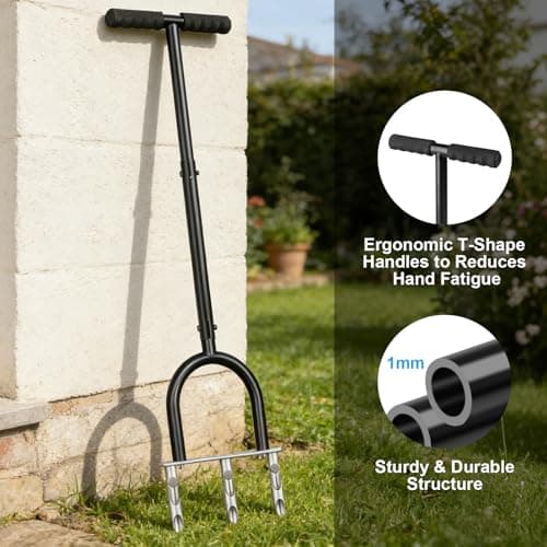Manual Lawn Aerator Tool, 3 Hollow Tines Plug Lawn Core Aerator, Heavy Duty Hand Soil Aerator Tool with Adjustable Handle, Grass Aeration Garden Tools for Lawn Care, Compacted Soil, Yard - Thumbnail 5