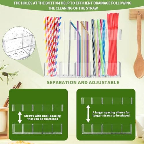 Straw Holder for Cabinet Door - 9.5'' Acrylic Straw Organizer with Adhesive Tape & Stickers, Transparent Straws Storage Container for Cabinet, Straws Dispenser for Counter Cupboard Home Kitchen Cafe - Thumbnail 4