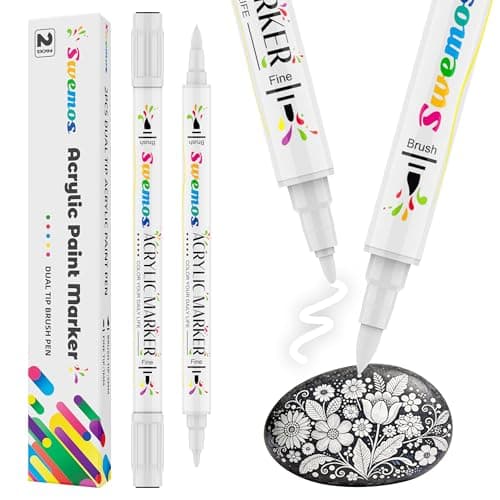 Swemos 2Pcs White Acrylic Paint Pens Markers, Dual Tip with Fine Tip and Brush Tip Pens Acrylic Paint Markers Waterproof Acrylic Markers Set for Rock, Canvas Stone, Wood, Glass, Metal (WHITE, 2) - Image 1