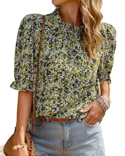 BTFBM Womens Tops 2026 Dressy Casual Blouses Summer Spring Clothes Mock Neck Short Sleeve Shirts Business Work Fall Outfits(Floral Yellow White, Medium) - Image 1