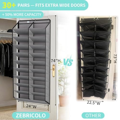 Heavy-Duty, over the door shoe organizer, Extra-Wide Large, shoe organizer, Holds 30 Pairs & Supports 100lbs, shoe rack, with Reinforced Grommets & Bamboo Rods, Fits Men's Size 12 & Boots, Grey - Thumbnail 6