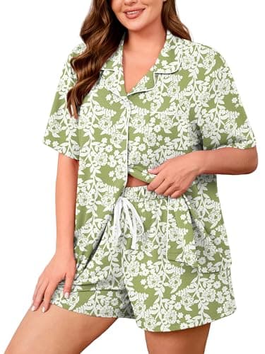 AusLook Plus Size Printed Pajama Set for Women Short Sleeve Button Down Sleepwear 2 Piece Loungewear with Pockets Notch Collar Drawstring Pajama Shorts Soft Comfy PJ 4X Set - Image 1