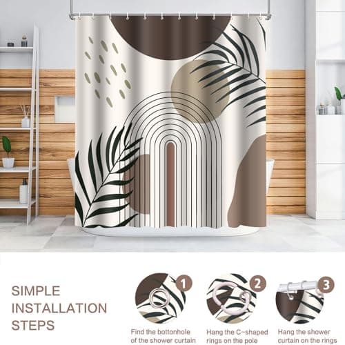 LYLYCTY Boho Shower Curtain Set, Chocolate Bohemian Mid Century Leaf Sun Modern Shower Curtains for Bathroom Decor Waterproof Fabric with 12 Hooks 72x72 Inches - Thumbnail 6
