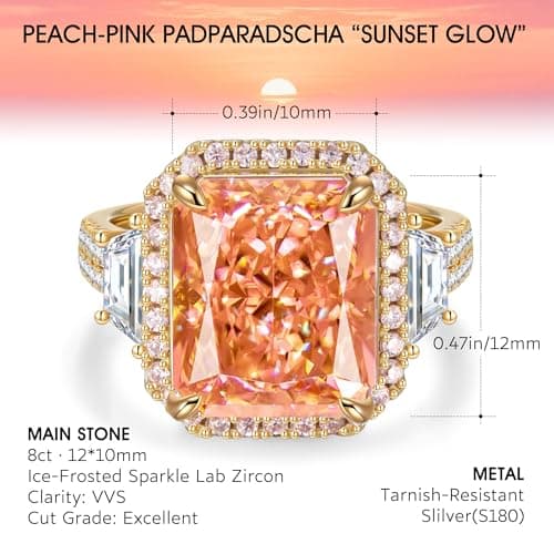 Moissa 8ct Lab Zircon Cocktail Ring 14K Gold Plated Silver Rings for Women Non Tarnish, Radiant Cut Halo Ring for Engagement Anniversary Birthday Party, Jewelry Gift for Wife Her - Peach Pink Padparadscha Sunset Glow Ring - Thumbnail 4