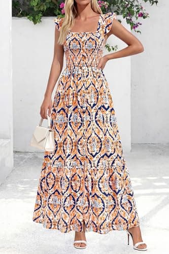 dowerme Womens Summer Maxi Dresses 2026 Casual Ruffle Sleeve Button Smocked Floral Slit Boho Dress Spring Beach Sundress(Blue Geometry,Small) - Thumbnail 3