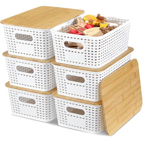 EOENVIVS Plastic Storage Baskets with Bamboo Lids for Pantry Organization and Storage Containers Bins for Shelves Drawers Desktop Closet Playroom Classroom Office Home, 6 Pack,White - Image 1