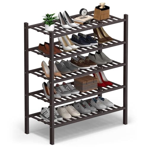 Haddockway 5 Tier Bamboo Shoe Rack Storage Organizer, Multifunctional Free Standing Stackable Shoe Shelf with Grid Panel for Closet,Hallway,Entryway,Small Space 27"x11"x32" (Brown, 5 Tier)