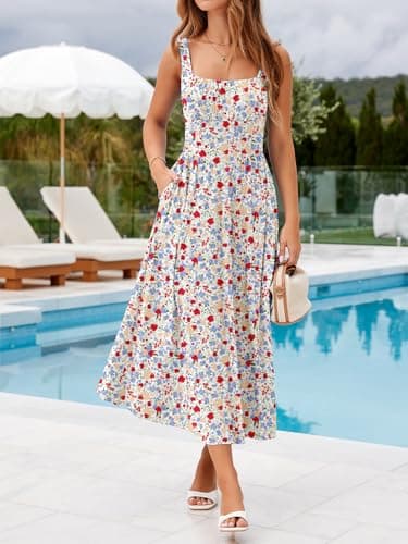 YIOYOLA Sundresses for Women 2026 Casual Dress for Women with Pockets High Waist Square Neck Midi Red Blue Floral Vacation Dresses(YYL645-Blue Red F 01,XL) - Thumbnail 2