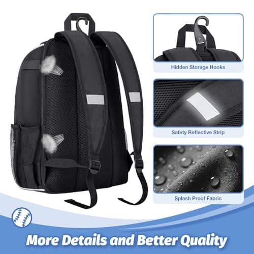 Ciihars Youth Baseball Bag - Baseball Backpack Bat & Glove Holder, T-Ball & Softball Equipment & Gear,Large Main Compartment for Helmet & accessories, Fence Hook，Insulation Pocket (black) - Thumbnail 5