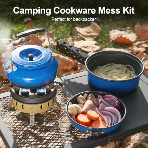 Odoland 5pcs Camping Cookware Non-Stick Camping Pot and Pan Set with Kettle and Removable Handle for Hiking Backpacking and Picnic(Blue) - Thumbnail 3