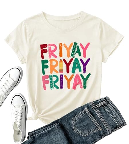 Happy Friyay Teacher Shirt Women-Funny Friday Weekend Short Sleeve Teacher Appreciation Gift Tops C-White - Image 1