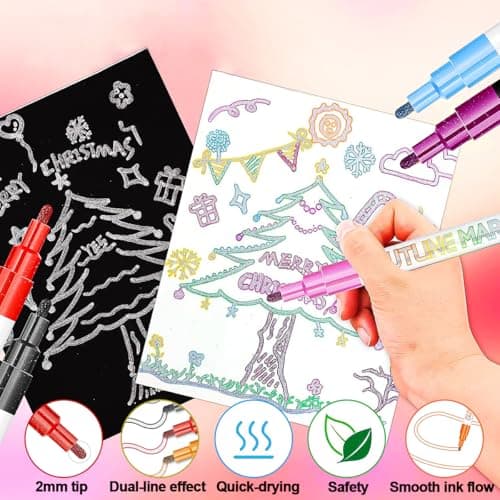 JZILU Double Line Outline Markers, 12 Colors Glitter Metallic Gel Pens Set, Easter Basket Stuffers For Teen Girls Kids, Art Supplies For Kids 9-12, 4-12 Year Old Girl Birthday Gifts - Thumbnail 6