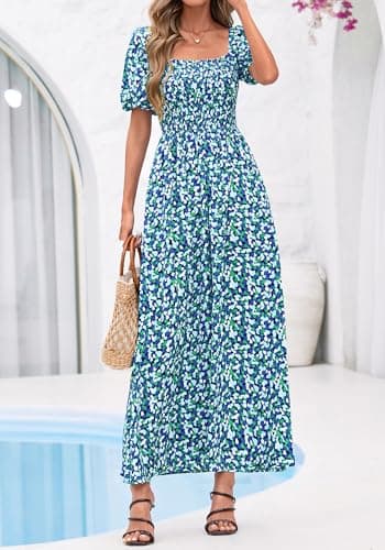 BTFBM Spring Summer Dresses for Women 2026 Puff Short Sleeve Smocked Floral Print Boho Beach Wedding Guest Maxi Dress(Floral Blue Green, Small) - Thumbnail 4