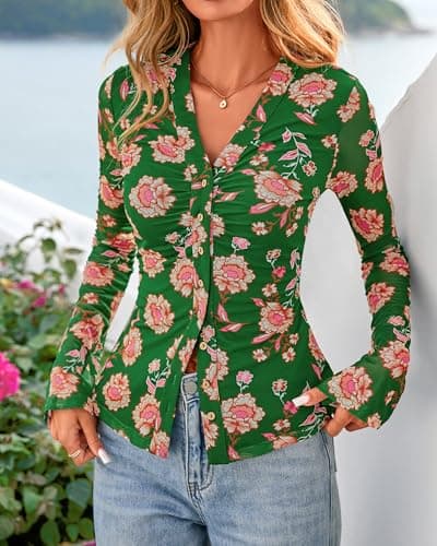 BTFBM Button Down Shirts for Women 2026 Spring Boho Tops V Neck Long Sleeve Blouses Ruched Mesh Fitted Fashion Clothing(Green, Large) - Thumbnail 5