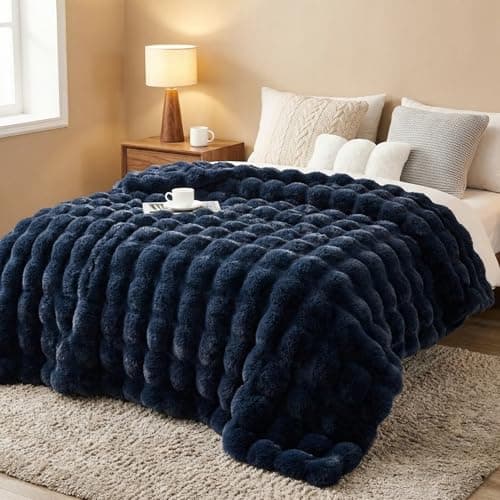 DREAMNINE Soft Faux Bubble Rabbit Fur Blanket Queen Size, Thick Cozy Decorative Warm Fuzzy Fur Blanket for Bed Couch Sofa Chair Bedroom Living Room Dorm Gift, 80 * 90 Inches, Navy Blue - Image 1