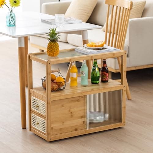 SOBIBO Bamboo Side Table Nightstand with Rattan Drawer & Glass Top – Multi-Function End Table, Nightstands with Storage for Bedroom, Living Room, and Small Spaces, Nature - Thumbnail 3