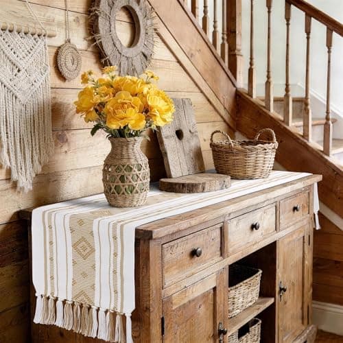 yuboo Boho Table Runner 72 Inches Long, Cream Woven Jacquard Table Runner with Tassels, Neutral Farmhouse Rustic Dresser Runner Decor for Dining Room, Bridal Shower (Geometric Moroccan) - Thumbnail 4