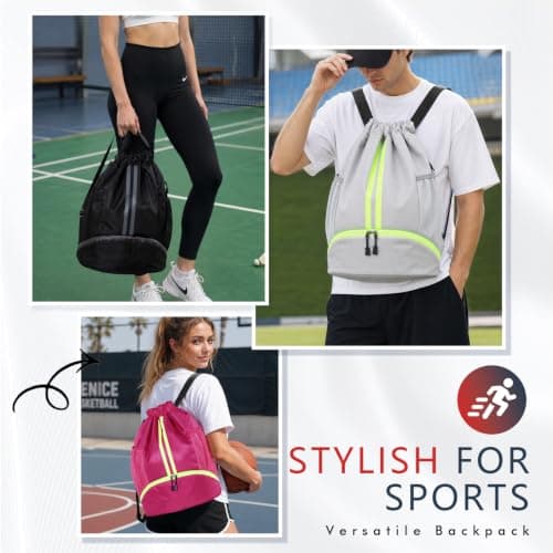 PinCute Drawstring Backpack for Women Men, Gym Bag for Soccer, Basketball, Swim, Beach, Water-Resistant Sports Backpack with Wet Pocket and Shoe Compartment, Black - Thumbnail 2