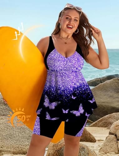 Arolina Plus Size Swimsuit for Women Tummy Control 2 Piece Bathing Suits Tankini Sets with Shorts Purple Butterfly (16W) - Thumbnail 3