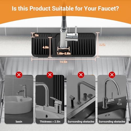 ZJWZLG Faucet Mat for Kitchen Sink, 14"X5.5" Silicone Sink Splash Guard with Soap Holder, Snap-On Design & 7°slope Fast Drain, Folding Sink Faucet Mat for Universal Kitchen Bathroom Sink（Black） - Thumbnail 5
