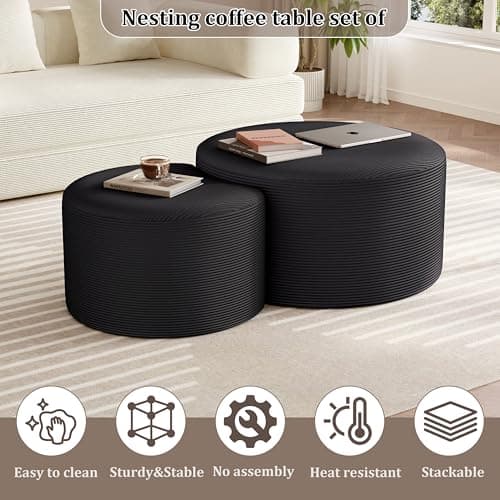 BSHOMGI Nesting Coffee Table Set of 2, Upholstered Round Corduroy Circle Foam Round Side Table for Living Room, Entryway Set, 32"+17" Footrest No Assembly (Black, 32"+17") - Thumbnail 4