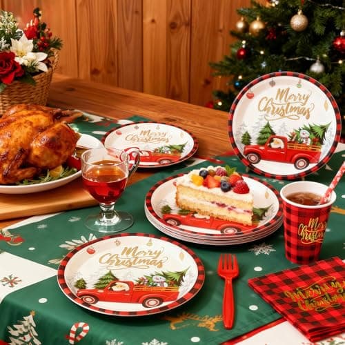 TOTOMA Christmas Party Decorations Paper Plates & Napkins 25 Guest, Disposable Plates Set, Holiday Paper Plates, Napkins, Cups with Golden Print, Santa Driving Pattern, Straws, Banner for Christmas - Thumbnail 5