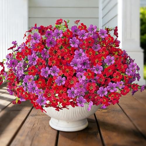 QSPEROV Artificial Flowers for Outdoor Indoor Decoration, Faux Flower Daisy with Eucalyptus Leaves Fake Plants Dried Flower Greenery Boxwood Porch Patio, 12 Bundles (Red Light Purple) - Image 1