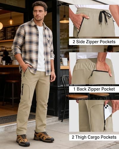 AGVNG Mens Cargo Pants 5 Pockets Waterproof Lightweight Quick Dry Work Tactical Hiking Pants UPF 50+ Elastic Waist Drawstring Cuff Golf Casual Athletic Workout Khaki S - Thumbnail 5