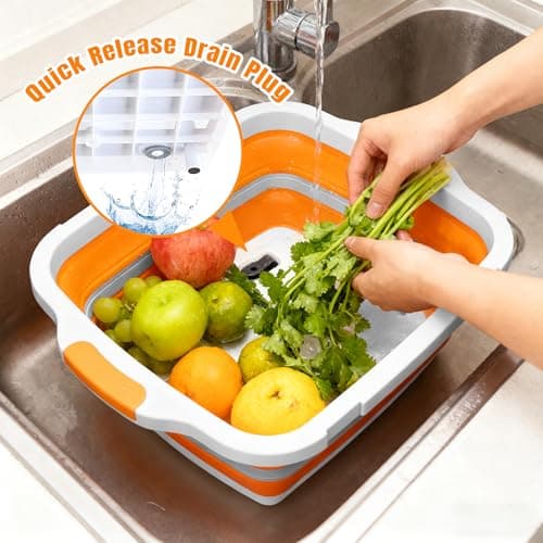 Collapsible BBQ Prep Tub with Cutting Board & Lid, Folding Food Container BPA-Free Heavy-Duty, Dishwasher Safe, Upgraded Drain Hole - for Camping, Grilling Outdoor Cooking (Orange, X-Large) - Thumbnail 4