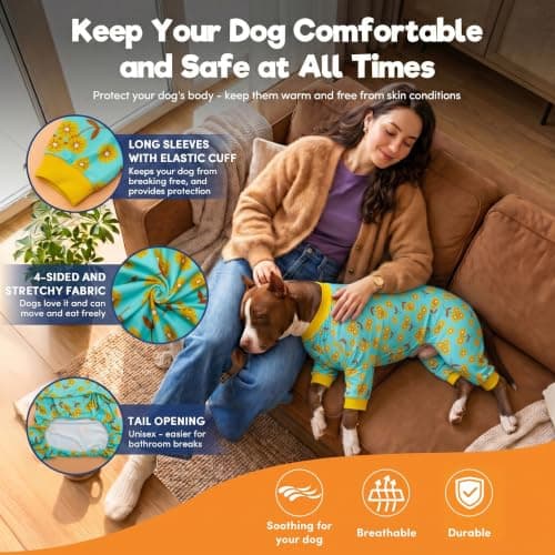 LovinPet Large Dog Pajamas Pitbull - Pet Anxiety Relief, Sun Protection Dog Pajamas, Comfy Stretchy Fabric, Mint Flower Print, Pitbull Clothes, Pitbull Onesie, Large Breed Apparel,Yellow L - Thumbnail 6