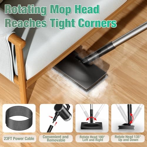 11-in-1 Steam Mop - Detachable Handheld Steam Cleaner with 380mL Tank, 260℉ Floor Steamer for Hardwood, Tile, Grout, Windows, Bath & Kitchen - 3-Level Steam Control, Multi-Purpose Floor Steam Cleaner - Thumbnail 5