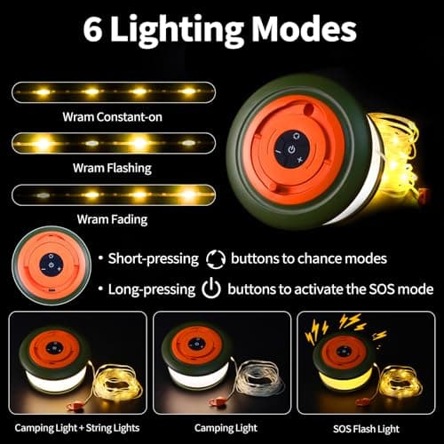 KOBAIBAN Camping String Lights, Rechargeable Tent Lights String with 6 Lighting Modes, 32.8 FT LED Hanging Waterproof Camping Lamp String for Garden, Travel, Decoration Festival Gift (Green Orange) - Thumbnail 3