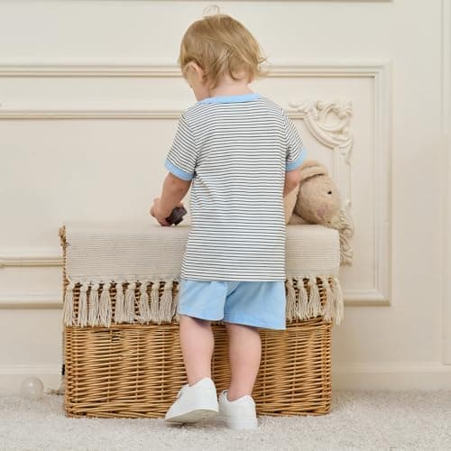 JiuBreeze Toddler Baby Boy Summer Outfit Striped Short Sleeve T-Shirt Shorts Set 2-Piece Boys Outfits Clothing Sizes 18M-5T (Blue, 3-4T) - Thumbnail 4
