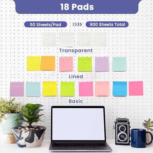 Lumspax 3x3 Inches Sticky Notes Variety Pack, 18 Pads Self Stick Notes, 50 Sheets/Pad, Included 8 Blank Pads, 6 Lined Pads and 4 Transparent Sticky Notes, 900 Total Sheets - Thumbnail 2