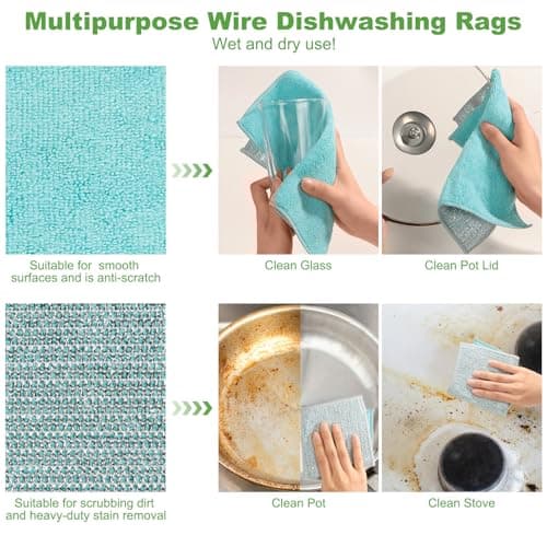 Jeymei 10counts Non Scratch Wire Dishcloth Multipurpose Wire Dishwashing Rag for Washing Dishes,Double Layer Microfiber Cleaning Cloth,Reusable Diamond Weave Steel Wool Scrubber Cloths,Blue - Thumbnail 5