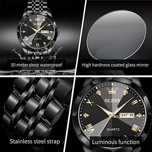 OLEVS Watch Mens Black Watches for Men Diamnond Dial Luxury Stainless Steel Watch for Men All Black Reloj - Thumbnail 4