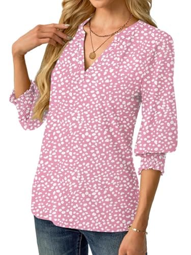 GKBK Womens 3/4 Sleeve Shirts V Neck Dressy Casual Spring Summer Blouses with Smocked Cuffs - Thumbnail 2