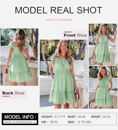 Dokotoo Dresses for Women 2026 Wedding Guest Square Neck Short Sleeve Ruffle Dress High Waist Backless Tiered Smocked Strappy Casual Short Smocked Tiered Ruffle Flowy Dresses Green XX-Large - Thumbnail 4
