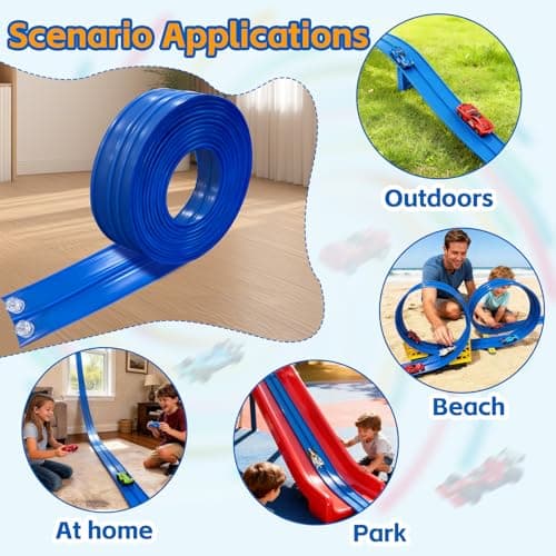 16.5 Ft Flexible Race Track for Kids - Compatible with Hot Wheels 1/64 Diecast Cars - Includes 8 Racing Cars & Super-Grip Gravity Ramp -Rollable Portable DIY Track Toy, Gift for Boys Girls 3-8, Blue - Thumbnail 6