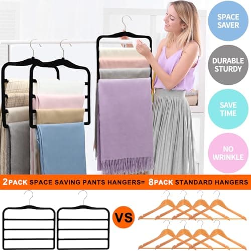 Closet Organizers and Storage,2 Pack Pants Hangers Space Saving,Velvet Hangers, Dorm Room Essentials for College Students Girls Boys Guys,Non Slip Organization and Storage Scarf Jeans Hangers - Thumbnail 4