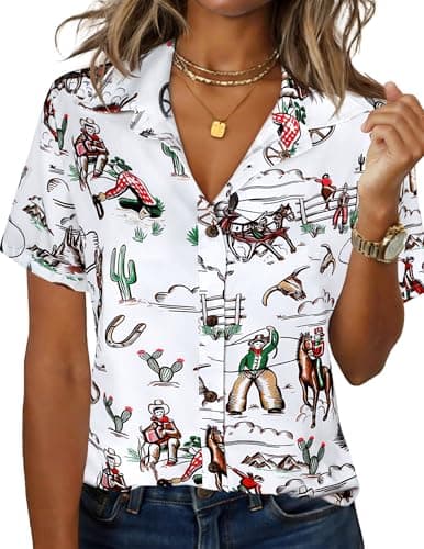 LILYCHIC Womens Short Sleeve Hawaiian Shirts V Neck Cowgirl Tshirts Button Down Summer Blouse Hawaiian Beach Outfit - Image 1