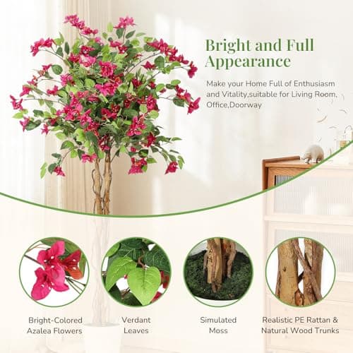 GarveeHome 5 ft Artificial Bougainvillea Tree, Tall Potted Artificial Plants Indoor, Faux Tree with Wood Trunk and Pink Flowers for Outdoor - Thumbnail 5