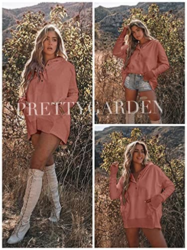 PRETTYGARDEN Womens Long Sleeve Casual Button V Neck Hoodies Oversized Pullover Sweatshirt Loose Hooded Tops with Pockets (Orange Pink,Medium) - Thumbnail 6