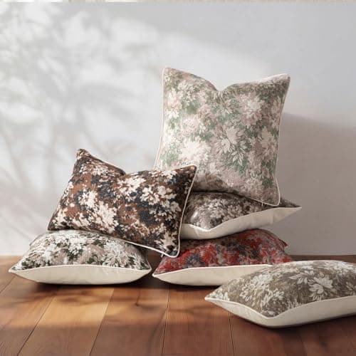 Haguko Pack of 2 Vintage Floral Throw Pillow Covers 20x20 Tapestry Chenille Soft Decorative Farmhouse Square Accent Pillow Cases for Couch Bedroom Living Room Home Decor, Coffee Brown - Thumbnail 5