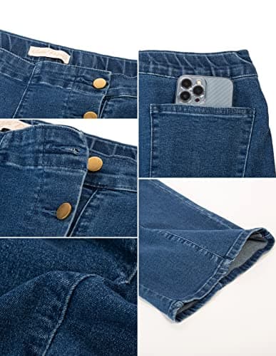 Belle Poque Stretchy Waist Wide Leg Jean for Women Dressy Blue Button Down Work Casual Denim Pants Size 12 Size 14 - Thumbnail 6