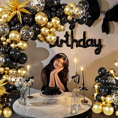 Black and Gold Balloon Garland Arch Kit, 140Pcs Black Gold Confetti Balloons with Stars for Birthday Graduation New Year Retirement Anniversary Wedding Engagement Party Decorations - Thumbnail 3
