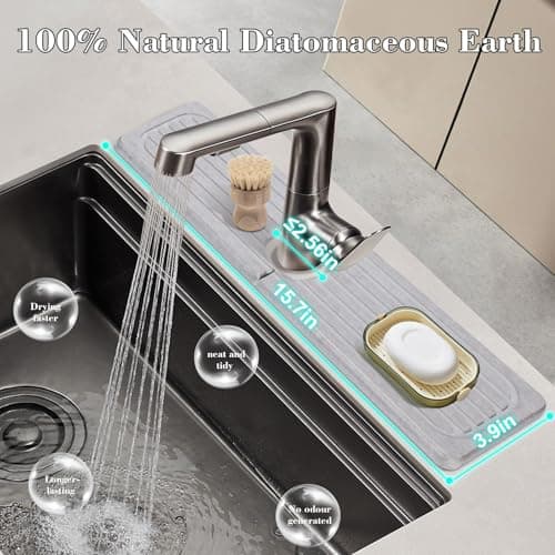 Stone Faucet Mat for Kitchen Sink, 15.7" Diatomite Drying Stone Kitchen Sink Mat Super Absorbent, Stone Kitchen Sink Splash Guard, Sink Stone Quick Dry Around Faucet for Kitchen Bathroom Counter - Thumbnail 2