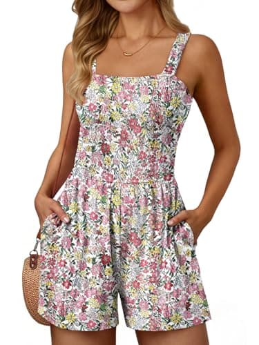 AUTOMET Rompers for Women Summer Vacation Beach Outfits Casual Loose Square Neck Shorts Jumpsuits Overalls 2026 Resort Wear Pink L - Image 1